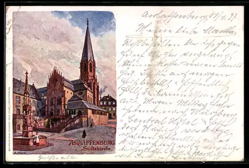 Künstler-AK Aschaffenburg, Stiftskirche mit Brunnen