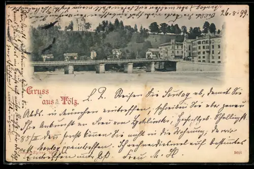 AK Tölz, Brücke, Im Hintergrund Kirche