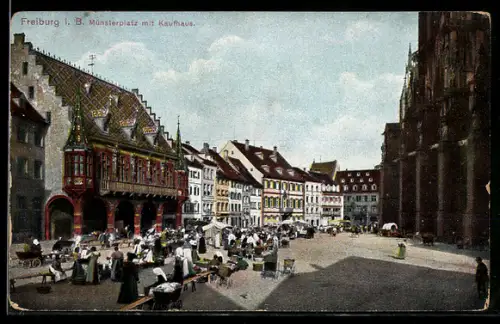 AK Freiburg, Münsterplatz mit Kaufhaus, Marktstände