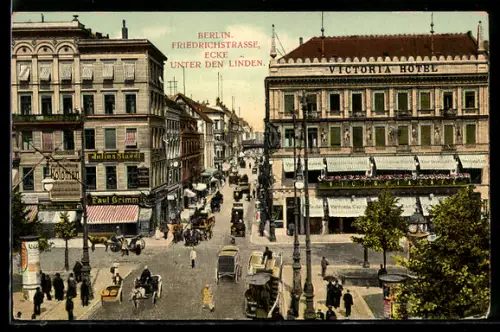 AK Berlin, Hotel Victoria, Friedrichstrasse, Ecke unter den Linden, viel Verkehr