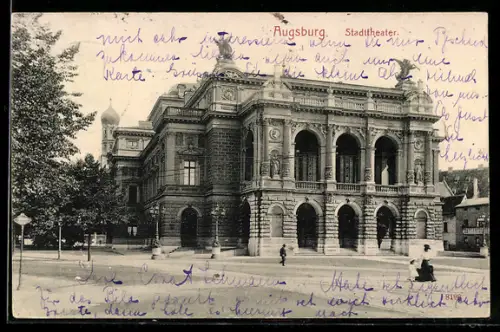 AK Augsburg, Stadttheater mit Strassenpartie