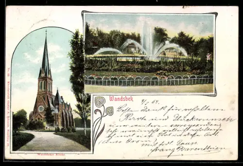 AK Hamburg-Wandsbek, Kirche, Park mit Springbrunnen