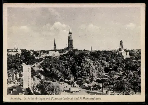 AK Hamburg-St.Pauli, St. Pauli-Anlagen, Bismarck-Denkmal, St. Michaeliskirche