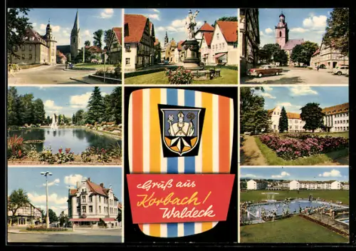 AK Korbach /Waldeck, Kirche, Stadtbrunnen, Parkansicht, Schwimmbad