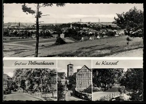 AK Vollmarshausen /Kassel, Ortsansicht, Kirche, Fachwerkhaus, Strasse