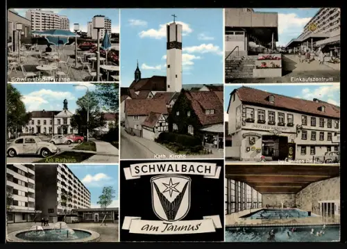 AK Schwalbach am Taunus, Schwimmbad, Kath. Kirche, Rathaus, Einkaufszentrum, VW Käfer