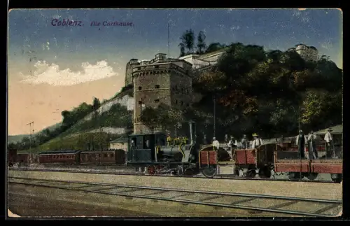 AK Koblenz, Die Carthause, Eisenbahn mit Dampflok