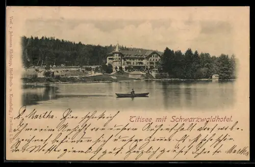 AK Titisee, Schwarzwaldhotel, Seeansicht, Ruderboot