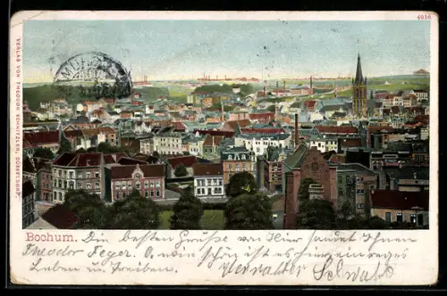 Lithographie Bochum, Stadtpanorama mit Kirche und Wohnhäusern