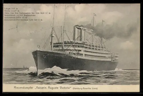 AK Passagierschiff Kaiserin Auguste Victoria der Hamburg-Amerika Linie in Fahrt
