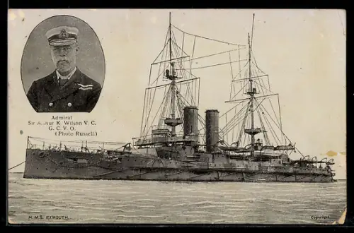AK Britischer Schlachtschiff H.M.S. Exmouth vor Anker liegend, Portrait Admiral Sir Arthur K. Wilson V.C.