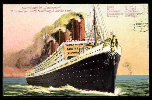 AK Passagierschiff Imperator der Hamburg-Amerika-Linie hohe Fahrt laufend