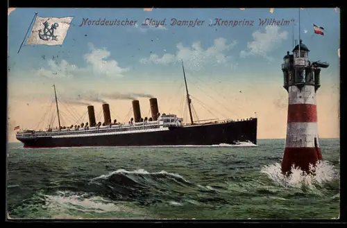 AK Passagierschiff Kronprinz Wilhelm vom Norddeutschen Lloyd vor dem Leuchtturm Roter Sand