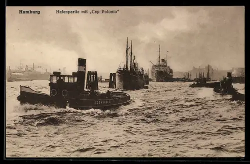 AK Passagierschiff Cap Polonio im Hamburger Hafen, im Vordergrund Dampfschlepper DDG Hansa 5