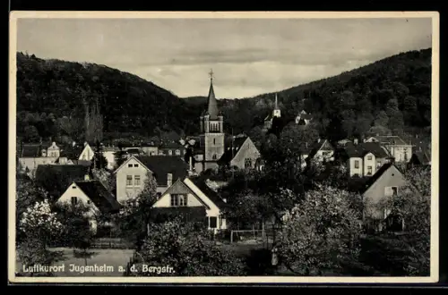 AK Jugenheim a. d. Bergstr., Ortsansicht mit Kirche und umliegenden Häusern