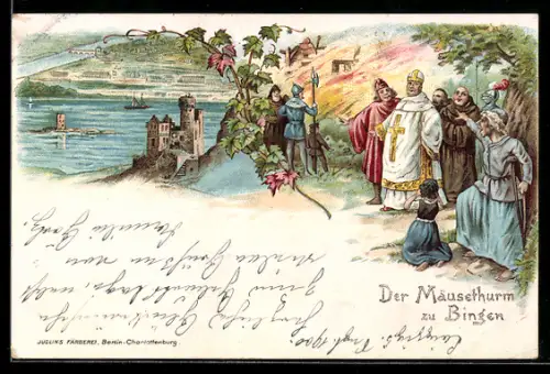 Lithographie Bingen, Der Mäuseturm und kirchliche Prozession