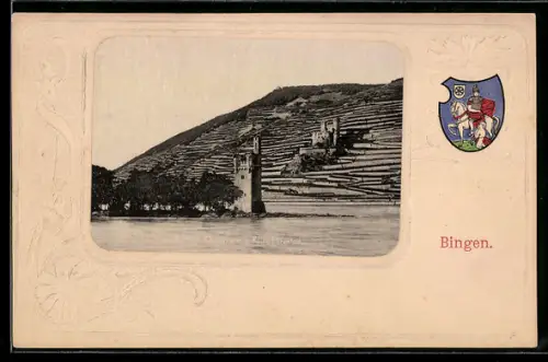 AK Bingen, Blick auf den Mäuseturm, Ruine Ehrenfels und Wappen