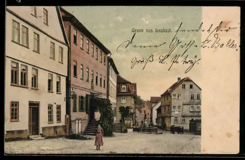AK Laubach, Strassenansicht mit Brunnen und Wohnhäusern