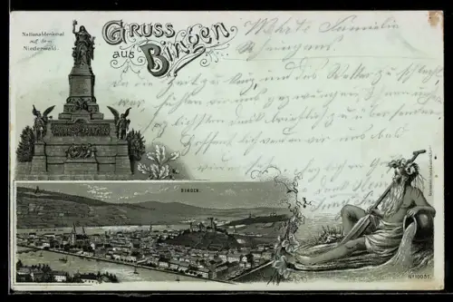 Mondschein-Lithographie Bingen, Nationaldenkmal auf dem Niederwald, Ortsansicht