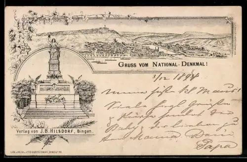 Lithographie Bingen, Teilansicht, National-Denkmal