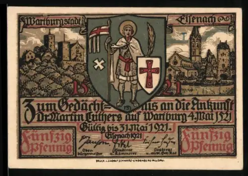 Notgeld Eisenach 1921, 50 Pfennig, Lutherankunft und Gefangennahme, Ortsansicht und Wappen