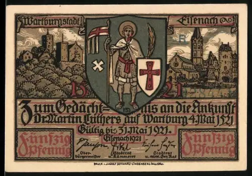Notgeld Eisenach 1921, 50 Pfennig, Wartburg und Lutherfeier-Motive
