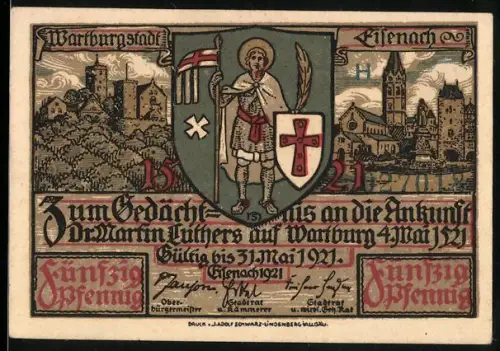 Notgeld Eisenach 1921, 50 Pfennig, Wartburg und Martin Luther, Stadtszenen und historische Figuren
