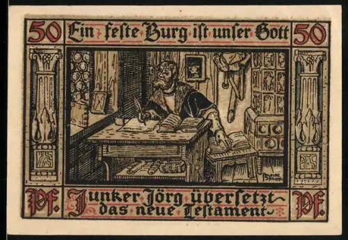 Notgeld Eisenach 1921, 50 Pf, Luther übersetzt das Neue Testament und Ortsansicht mit Wappen