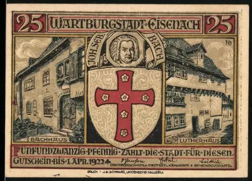 Notgeld Eisenach 1922, 25 Pfennig, Bachhaus, Lutherhaus, Stadtwappen mit Johann Sebastian Bach