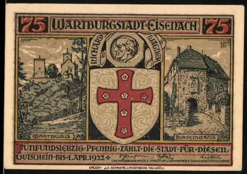 Notgeld Eisenach 1922, 75 Pfennig, Wartburg, Richard Wagner, Burgeingang, Coat of Arms