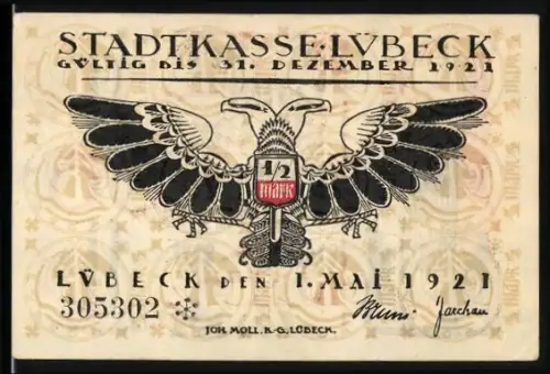 Notgeld Lübeck 1921, 1/2 Mark, Adler mit Stadtwappen und Stadtsilhouette mit Text in gotischer Schrift