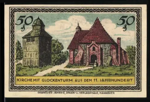 Notgeld Visselhövede /Hann. 1921, 50 Pfennig, Kirche mit Glockenturm aus dem 11. Jahrhundert, Wappen von Visselhövede