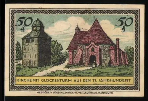 Notgeld Visselhövede /Hann. 1921, 50 Pfennig, Kirche mit Glockenturm, Wappen von Visselhövede