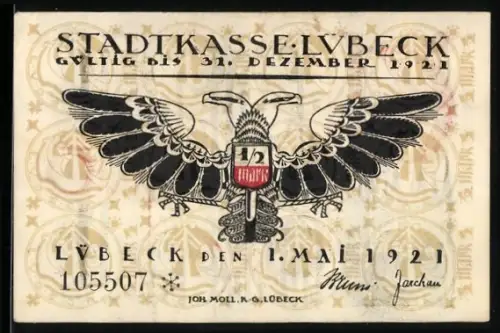Notgeld Lübeck 1921, 50 Pfennig, Adler mit Stadtwappen, gotische Schrift und Architekturmotiv
