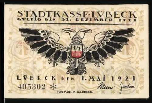 Notgeld Lübeck 1921, 1/2 Mark, Adler mit Wappen, gotische Schrift und Gebäude-Illustration