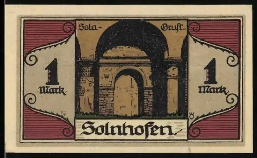 Notgeld Solnhofen, 1 Mark, Sola-Gruft und Statue eines Mannes mit Werkzeug