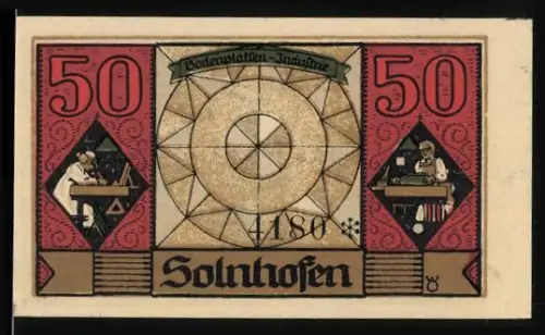 Notgeld Solnhofen 1921, 50 Pf., Lithographiemotiv und Handwerker bei der Arbeit