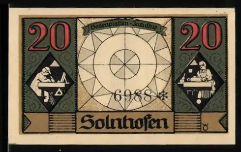 Notgeld Solnhofen 1921, 20 Pfennig, Lithografie-Industrie und Statue von Alois Senefelder