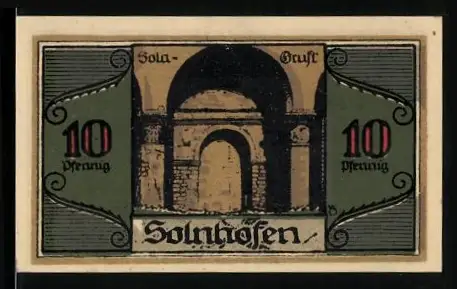 Notgeld Solnhofen 1921, 10 Pfennig, Sola-Gruf und Aloys Senefelder Statue