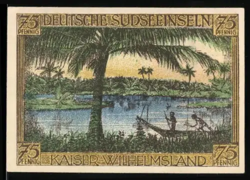 Notgeld Hamburg 1918, 75 Pfennig, Palmen und Kanuszene am Flussufer, Deutsch-Hanseatischer Kolonialgedenktag