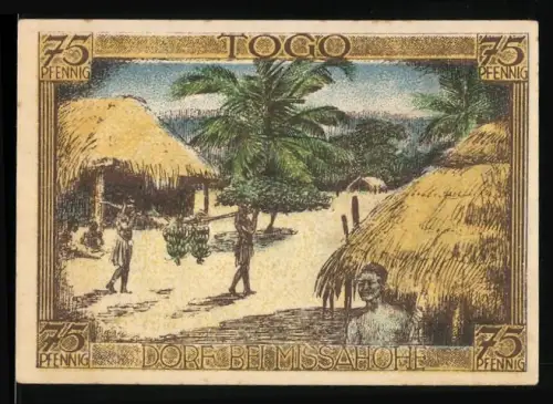 Notgeld Berlin 1921, 75 Pfennig, Ort bei Missahöhe mit Palmen und Hütten, Deutsch-Hanseatischer Kolonialgedenktag