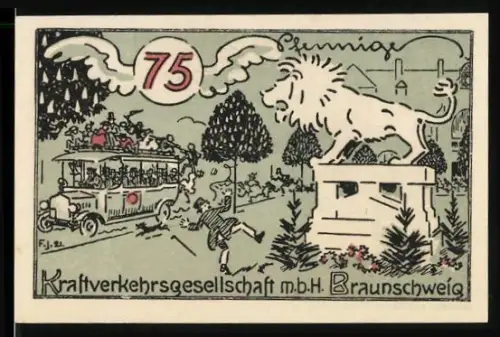 Notgeld Braunschweig 1921, 75 Pfennig, Löwenstatue und Bus, Gebäude in Harzburg