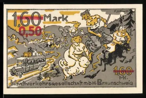 Notgeld Braunschweig 1921, 1,60 Mark, humorvolle Darstellung mit Bus und Teufel in Landschaft