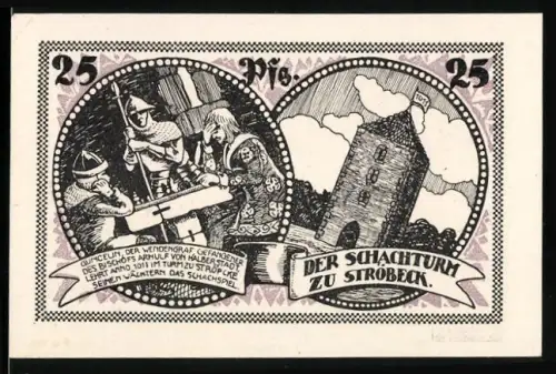 Notgeld Ströbeck 1921, 25 Pfennig, Schachturm und Schachspiel-Szene, Wappenschild mit Schachbrett
