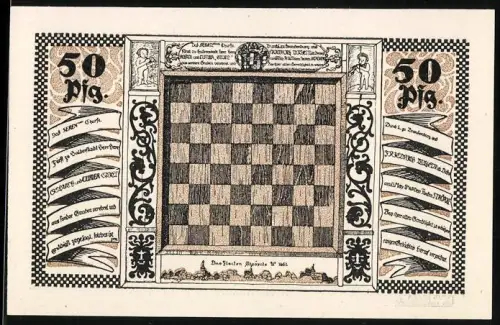 Notgeld Ströbeck 1921, 50 Pf., Schachbrett und Dorfszene mit Hahn im Wappen