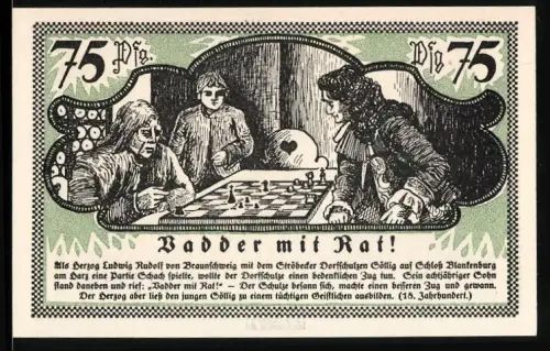 Notgeld Ströbeck 1921, 75 Pfennig, Schachspielszene mit Herzog und Dorfjungen, Wappen mit Schachbrett und Hahn