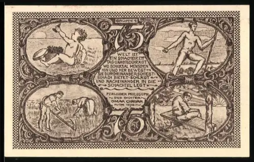 Notgeld Kahla a. d. Saale 1921, 75 Pfennig, Schachmotive und persische Philosophie von Omar Chajjam