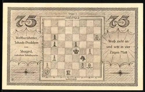 Notgeld Kahla a. d. Saale 1921, 75 Pfennig, Schachbrett und Schachfiguren, Thüringer Schachbund Kongress