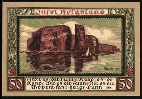 Notgeld Helgoland 1921, 50 Pfennig, Felsenlandschaft und Heiliger mit Wappen