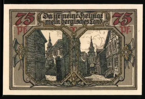 Notgeld Lennep 1921, 75 Pf, Ortsansicht und Wappen von Lennep